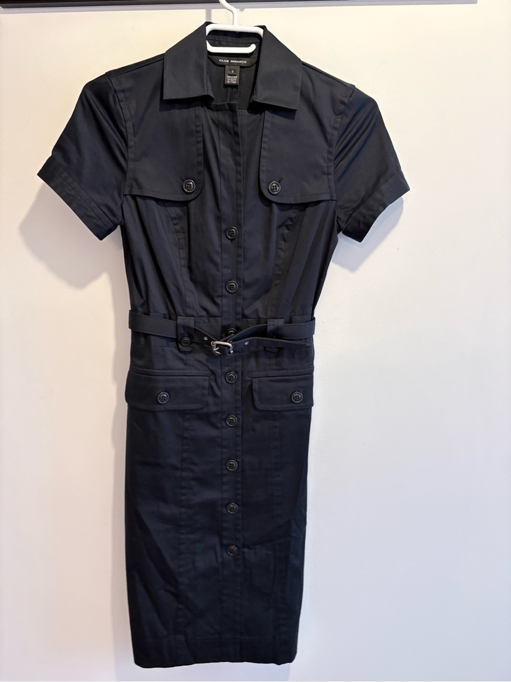 Club Monaco Black Short-Sleeve Button Midi Dress with Belt